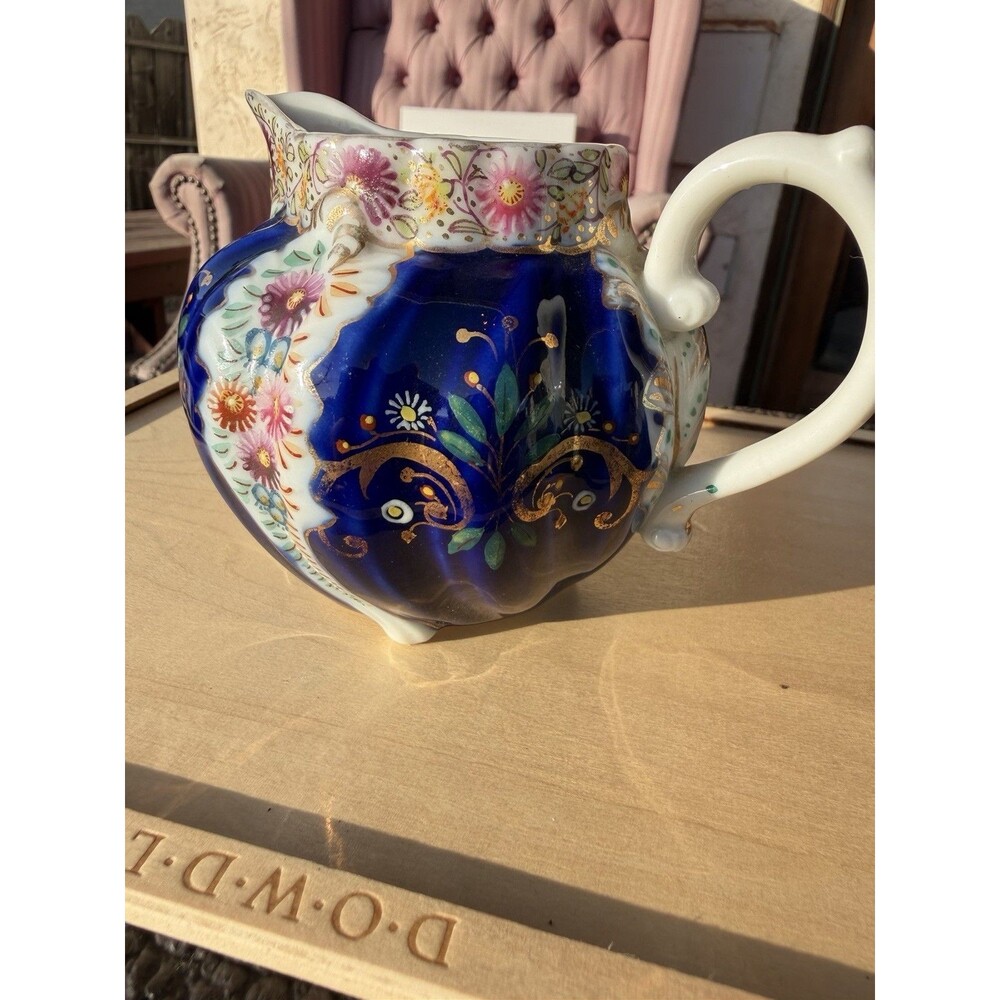 19Th Century Cobalt, Blue Porcelain Creamer With Floral Enamel And Gold
